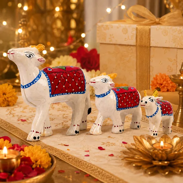 DreamKraft_Paper_Mache_Cow_Showpiece_Set_of_3,_White