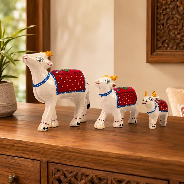 DreamKraft_Paper_Mache_Cow_Showpiece_Set_of_3,_White