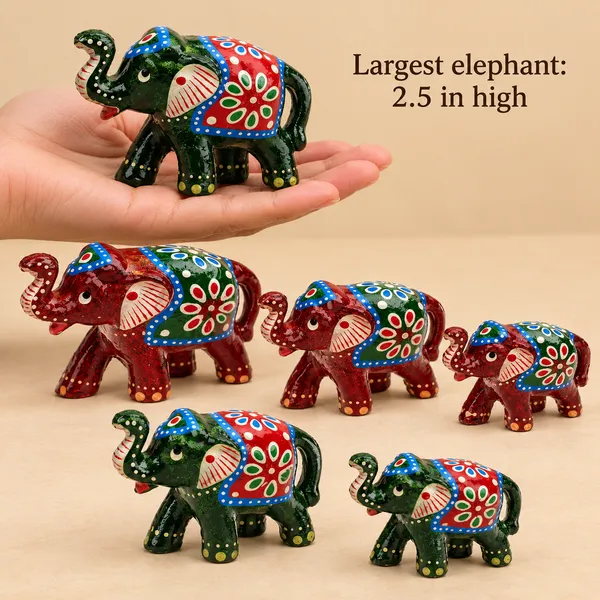 DreamKraft_Paper_Mache_Elephant_Showpiece_Set_of_6,_Red_and_Green