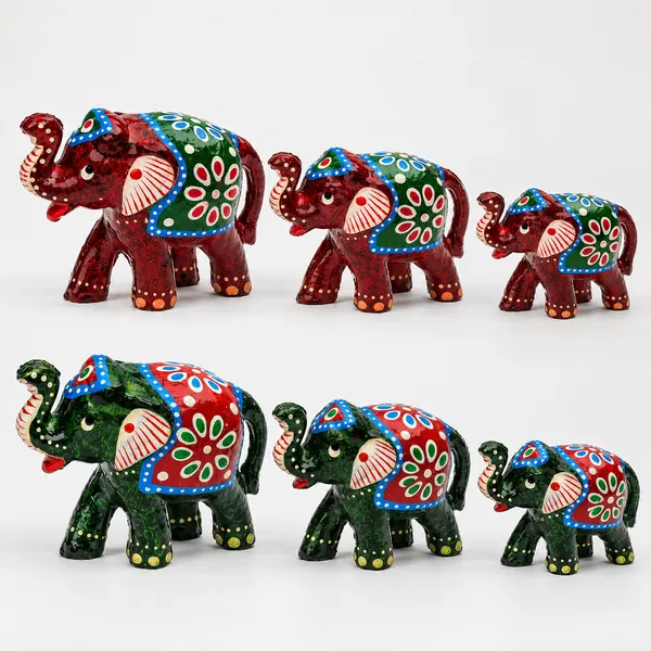 DreamKraft_Paper_Mache_Elephant_Showpiece_Set_of_6,_Red_and_Green