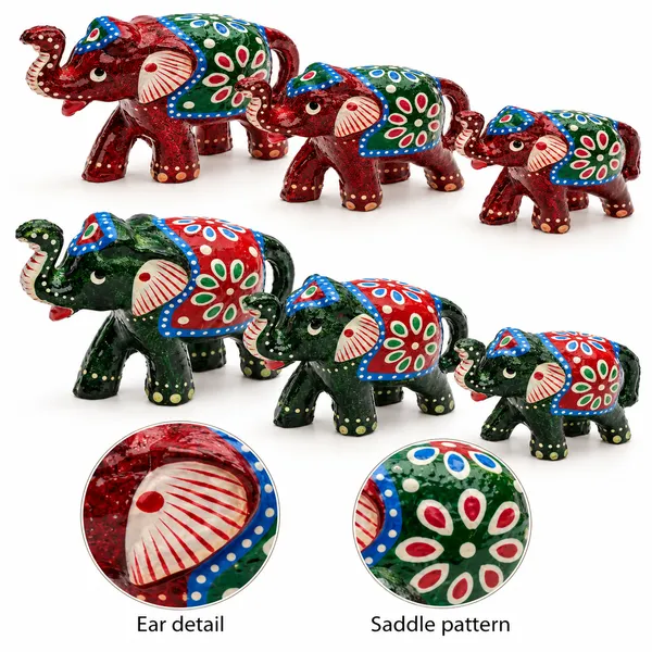 DreamKraft_Paper_Mache_Elephant_Showpiece_Set_of_6,_Red_and_Green
