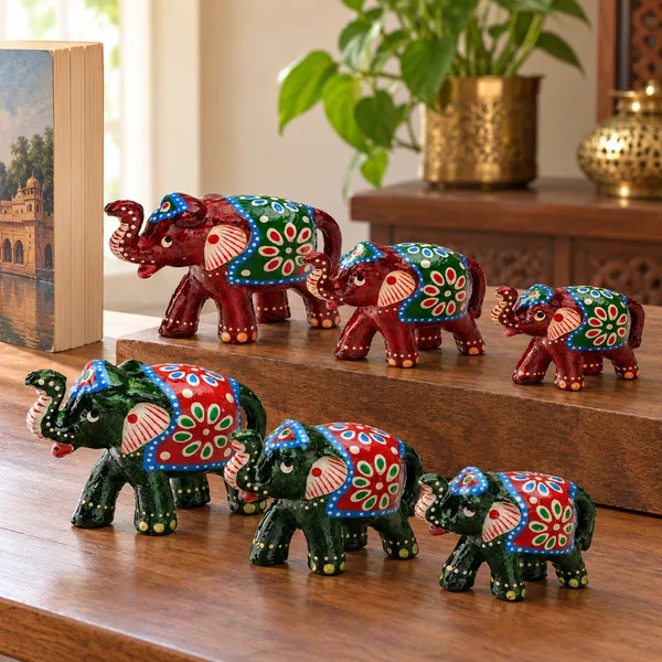 DreamKraft_Paper_Mache_Elephant_Showpiece_Set_of_6,_Red_and_Green