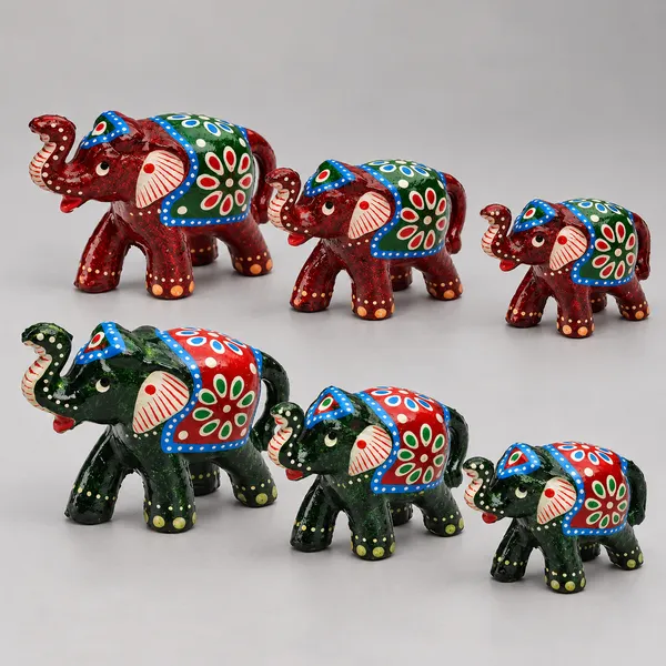 DreamKraft_Paper_Mache_Elephant_Showpiece_Set_of_6,_Red_and_Green