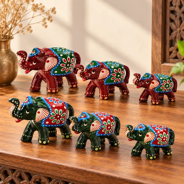 DreamKraft_Paper_Mache_Elephant_Showpiece_Set_of_6,_Red_and_Green