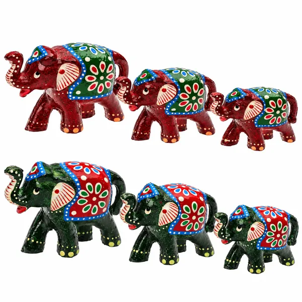 DreamKraft_Paper_Mache_Elephant_Showpiece_Set_of_6,_Red_and_Green