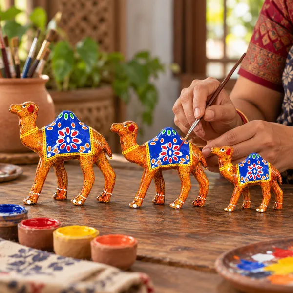 DreamKraft_Paper_Mache_Camel_Showpiece_Set_of_3,_Golden