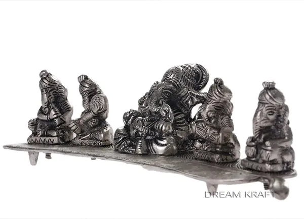 Metal_5_Ganesh_With_Musical_Instrument_On_Leaf,_Standard,_Silver,_1_Piece