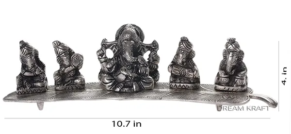 Metal_5_Ganesh_With_Musical_Instrument_On_Leaf,_Standard,_Silver,_1_Piece