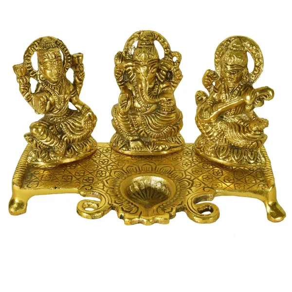 Metal_Gold_Plated_Lakshmi_Saraswati_Ganesh_Idols_with_Deepak_(Gold_20_x_10_x_11.5_cm)