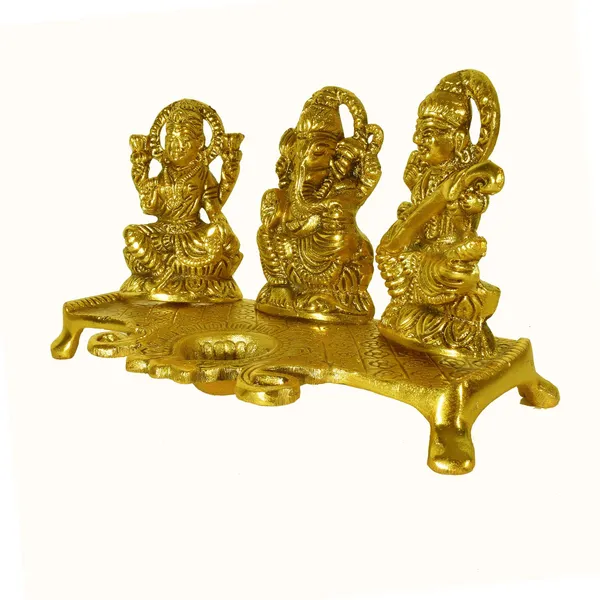 Metal_Gold_Plated_Lakshmi_Saraswati_Ganesh_Idols_with_Deepak_(Gold_20_x_10_x_11.5_cm)