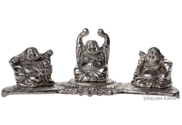 DreamKraft_Three_Laughing_Buddha_Figures_on_Base,_Silver,_7.4_in