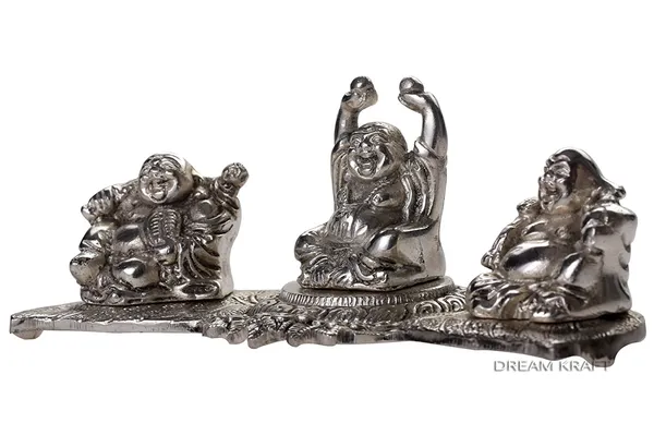 DreamKraft_Three_Laughing_Buddha_Figures_on_Base,_Silver,_7.4_in