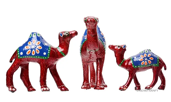 DreamKraft_Paper_Mache_Camel_Showpiece_Set_of_3,_Red