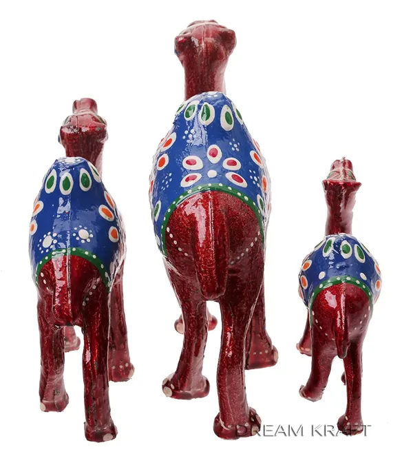 DreamKraft_Paper_Mache_Camel_Showpiece_Set_of_3,_Red