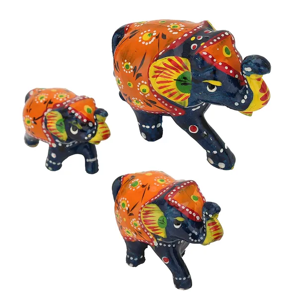 Paper_Mache_Handmade_Elephant_Showpiece_Figurine_Large(10x7.6)_Medium(8.5x6.1)_Small(7.3x5)_CM_(3_Piece,_Blue)