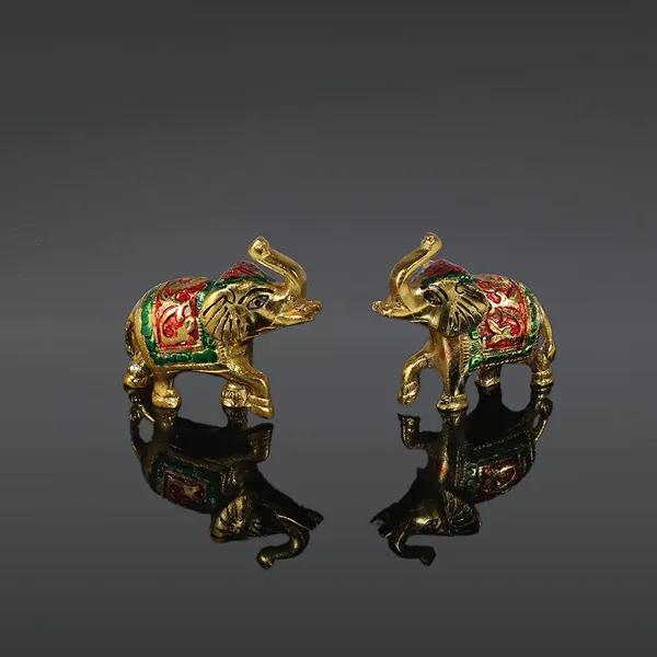 White_Metal_with_Gold_Polish_Trunk_Up_Elephant_Statues_Set_of_2_Figurine,_Size:_6_cm_X_7_cm_-_Multi