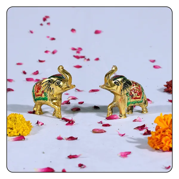 White_Metal_with_Gold_Polish_Trunk_Up_Elephant_Statues_Set_of_2_Figurine,_Size:_6_cm_X_7_cm_-_Multi