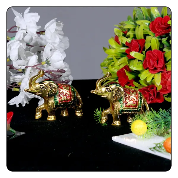 White_Metal_with_Gold_Polish_Trunk_Up_Elephant_Statues_Set_of_2_Figurine,_Size:_6_cm_X_7_cm_-_Multi