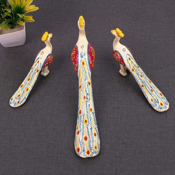 DreamKraft_Paper_Mache_Peacock_Showpiece_Set_of_3,_White