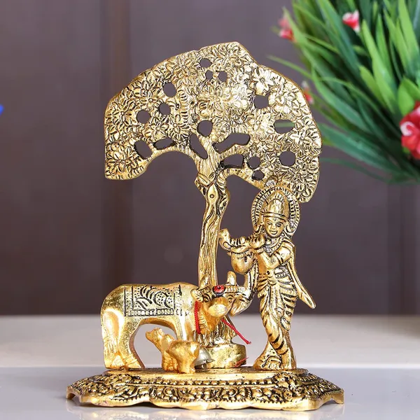 Metal_Krishna_With_Cow_Standing_Under_Tree_Plying_Flute_(Gold,_12.5X8X16Cm),_1_Piece
