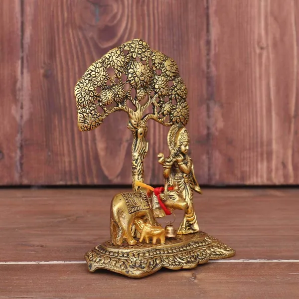 Metal_Krishna_With_Cow_Standing_Under_Tree_Plying_Flute_(Gold,_12.5X8X16Cm),_1_Piece