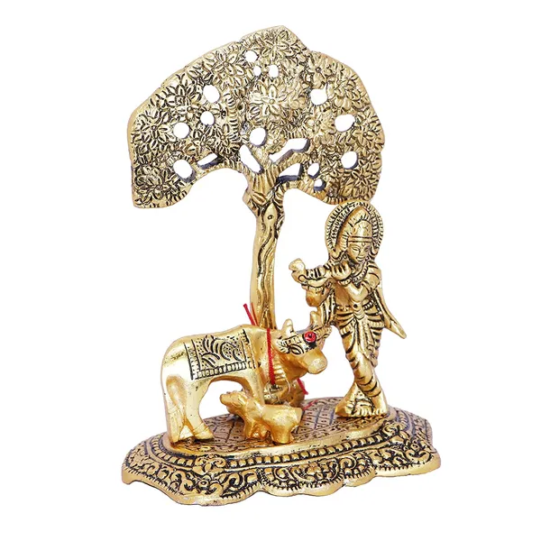 Metal_Krishna_With_Cow_Standing_Under_Tree_Plying_Flute_(Gold,_12.5X8X16Cm),_1_Piece