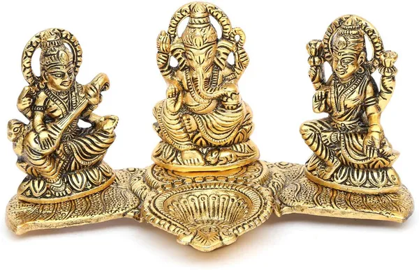 DreamKraft_Metal_Lakshmi_Ganesha_Saraswati_Platter_with_Diya_and_Incense_Stand,_Gold