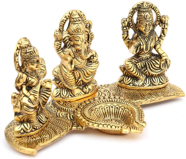 DreamKraft_Metal_Lakshmi_Ganesha_Saraswati_Platter_with_Diya_and_Incense_Stand,_Gold