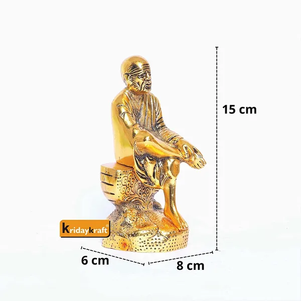 DreamKraft_Shirdi_Sai_Baba_Metal_Idol_on_Rock-Style_Base,_Gold_Colour,_15_cm_Height