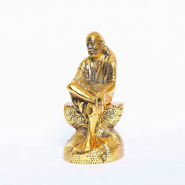 DreamKraft_Shirdi_Sai_Baba_Metal_Idol_on_Rock-Style_Base,_Gold_Colour,_15_cm_Height