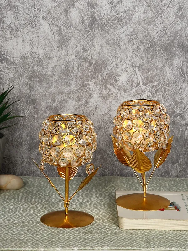 DreamKraft_Metal_and_Crystal_Tealight_Holder_Pair,_Gold,_6_in