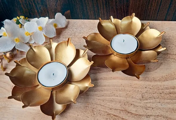 DreamKraft_Lotus_Iron_Tealight_Candle_Holder_Pair,_Gold_Colour