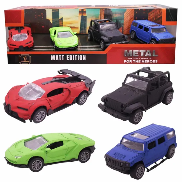 Toy_Cloud_1:32_Scaled_Die-Cast_Metal_Car_Set_Combo_of_4_Pcs,_Matt_Edition_Car_Collection_-_High-Detail_Miniature_Models_of_Red_Sports_Car,_Black_Jeep,_Green_Supercar,_and_Blue_SUV_-_Perfect_for_Collectors_and_Kids_-_Durable,_Realistic_Toy_Cars_for_Display_and_Play
