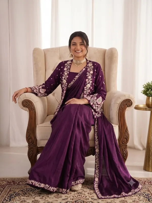 New_Super_Trending_Party_Jacket_With_Saree_Ready_To_Wear_Embroidery_Work_Saree_
