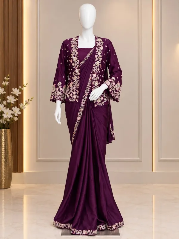 New_Super_Trending_Party_Jacket_With_Saree_Ready_To_Wear_Embroidery_Work_Saree_