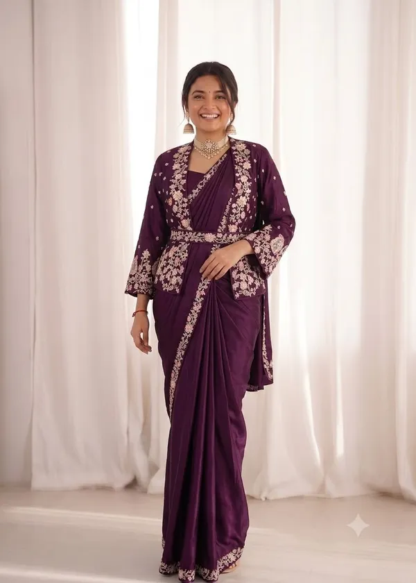 New_Super_Trending_Party_Jacket_With_Saree_Ready_To_Wear_Embroidery_Work_Saree_