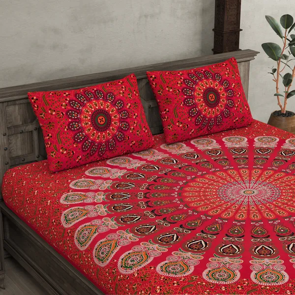 240 TC Cotton Red Mandala Double Bedsheet 100 Pure