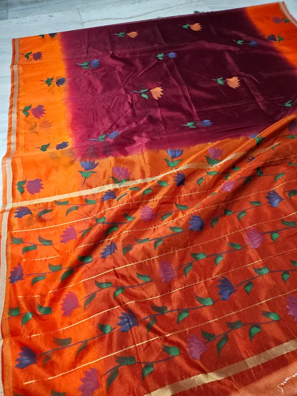 faux_organza_hand_brush_flower_work_banarasi_saree_in_orange-maroon