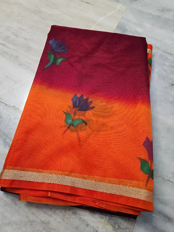 faux_organza_hand_brush_flower_work_banarasi_saree_in_orange-maroon