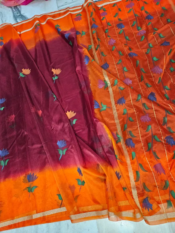 faux_organza_hand_brush_flower_work_banarasi_saree_in_orange-maroon