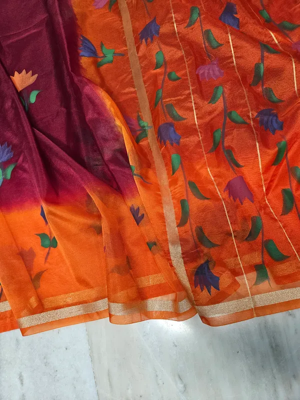 faux_organza_hand_brush_flower_work_banarasi_saree_in_orange-maroon