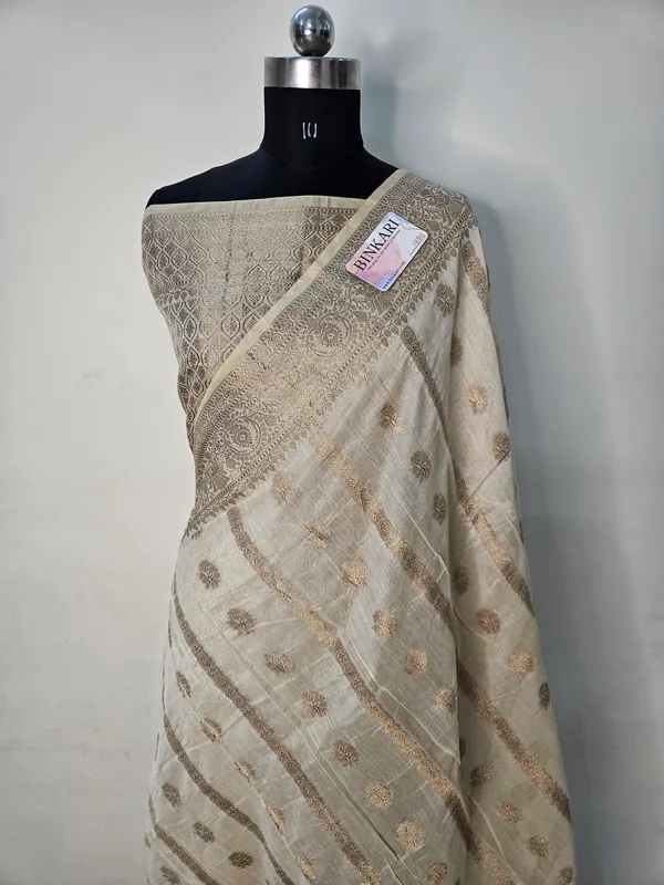 Faux_cotton_Banarasi_stripe_buta_Saree_With_Blouse/_cream
