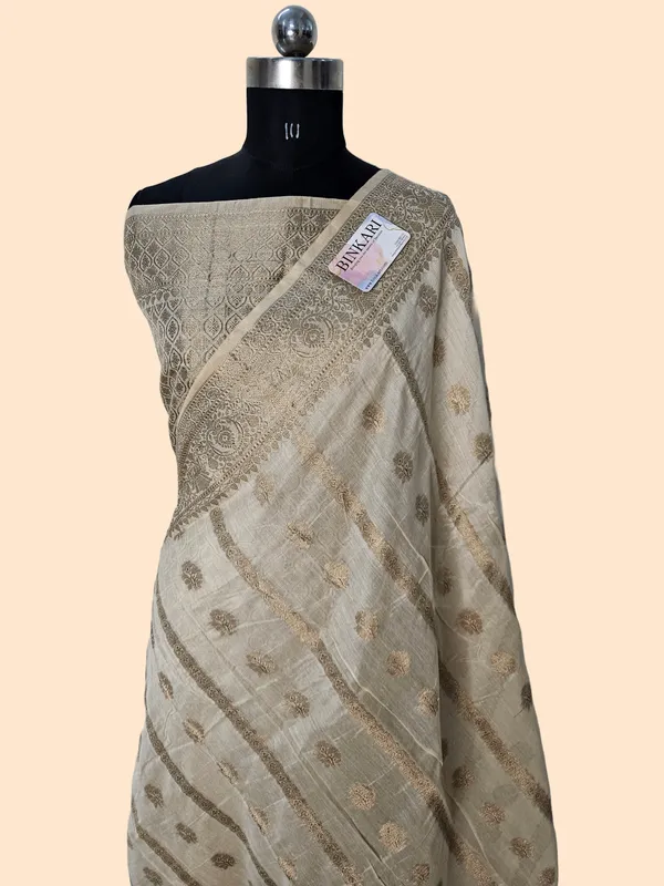 Faux_cotton_Banarasi_stripe_buta_Saree_With_Blouse/_cream