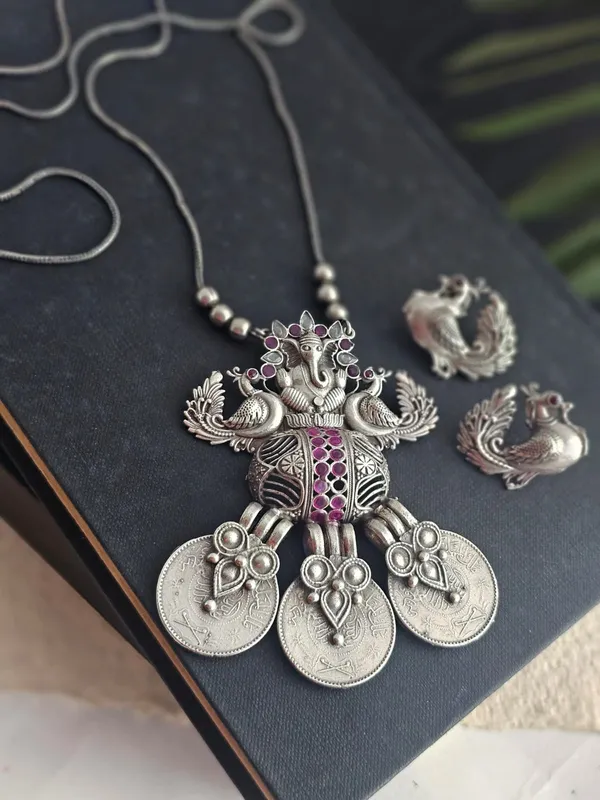 Astu__German_Silver_Ganesh_Long_Pendant_Necklace_Set
