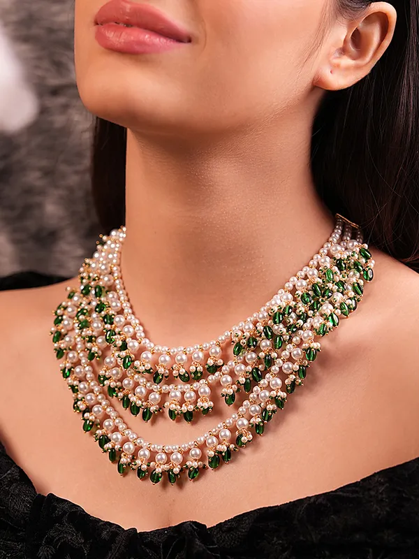White_Pearls_and_Green_Duldul_Beads_Layered_Necklace