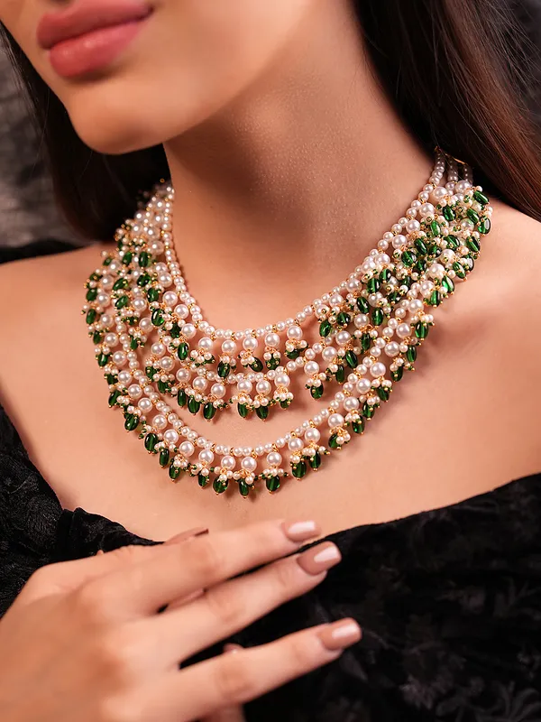 White_Pearls_and_Green_Duldul_Beads_Layered_Necklace