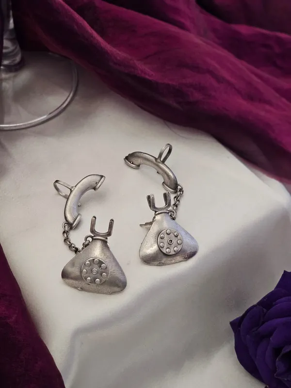 German_Silver_Telephone_Earcuff_Earrings_with_Oxidized_Silver_Finish
