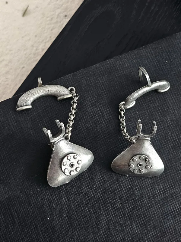 German_Silver_Telephone_Earcuff_Earrings_with_Oxidized_Silver_Finish