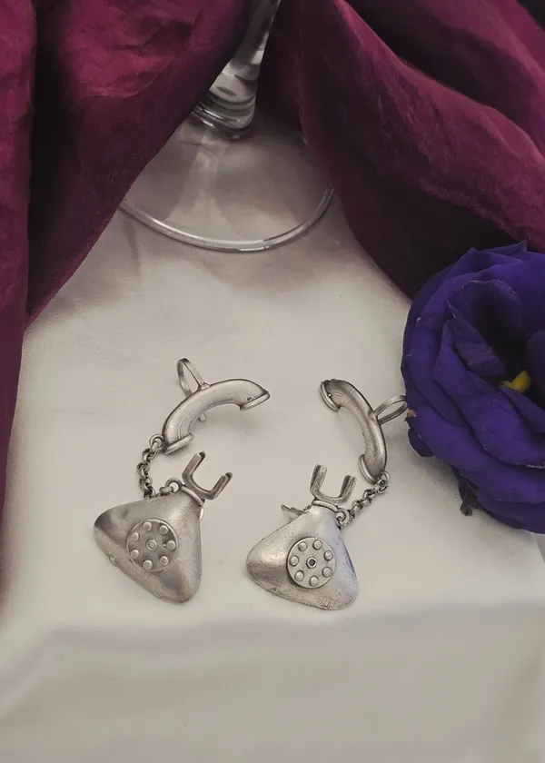 German_Silver_Telephone_Earcuff_Earrings_with_Oxidized_Silver_Finish