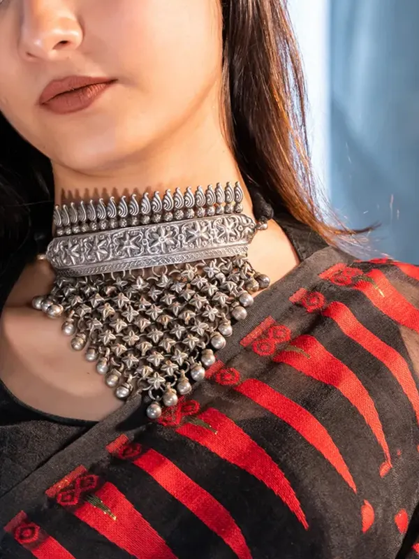 Binnis_Wardrobe_Triangular_German_Silver_Choker_with_Intricate_Patterns_and_Bells